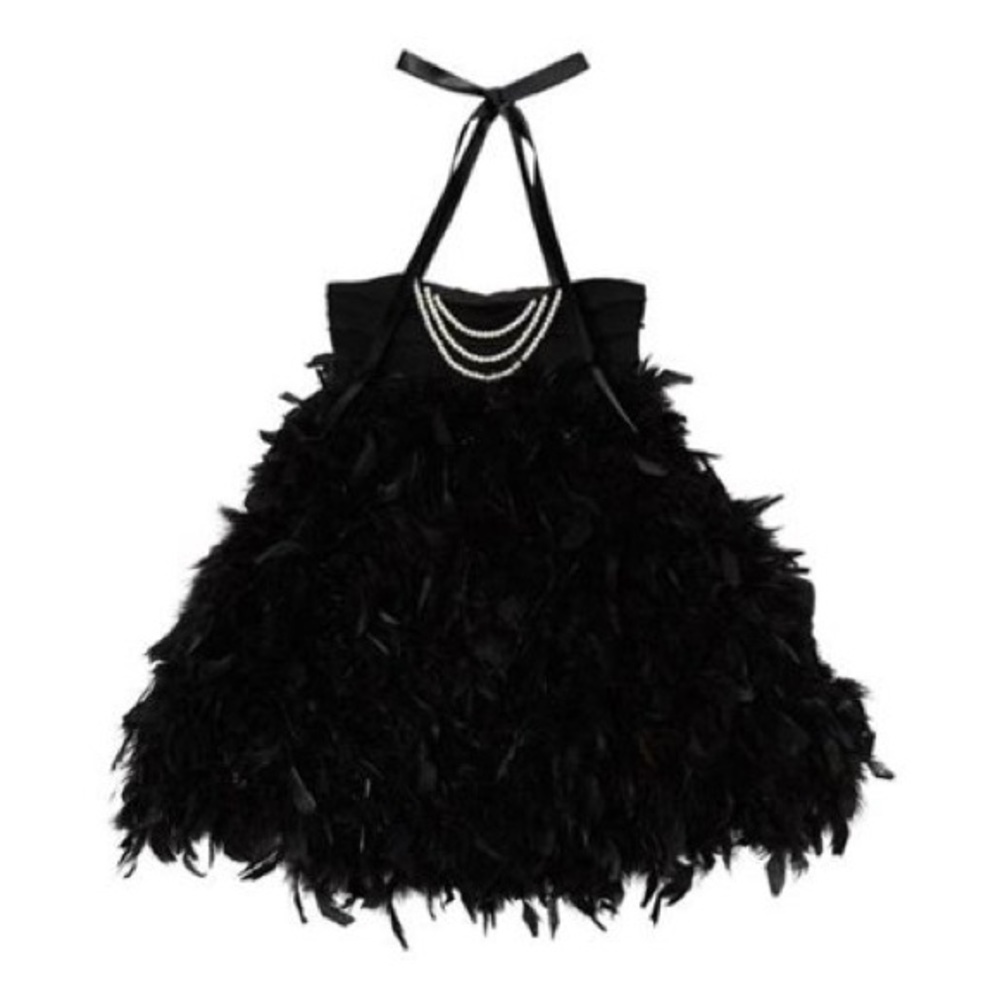 Girls Black Onyx Feather Pearl Halter Dress 2-3T
